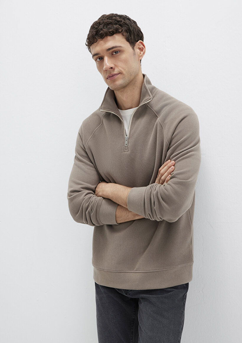 Yarı Fermuarlı Bej Sweatshirt - 0
