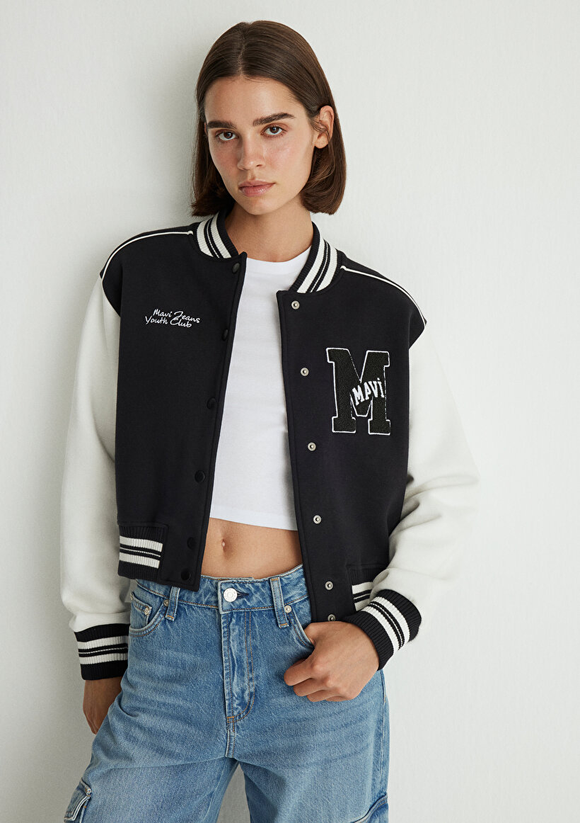 M Logo Patchli Siyah Bomber Ceket - 0