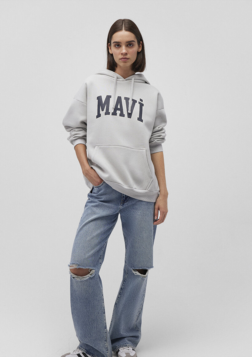 Mavi Logo Baskılı Kapüşonlu Gri Sweatshirt - 0