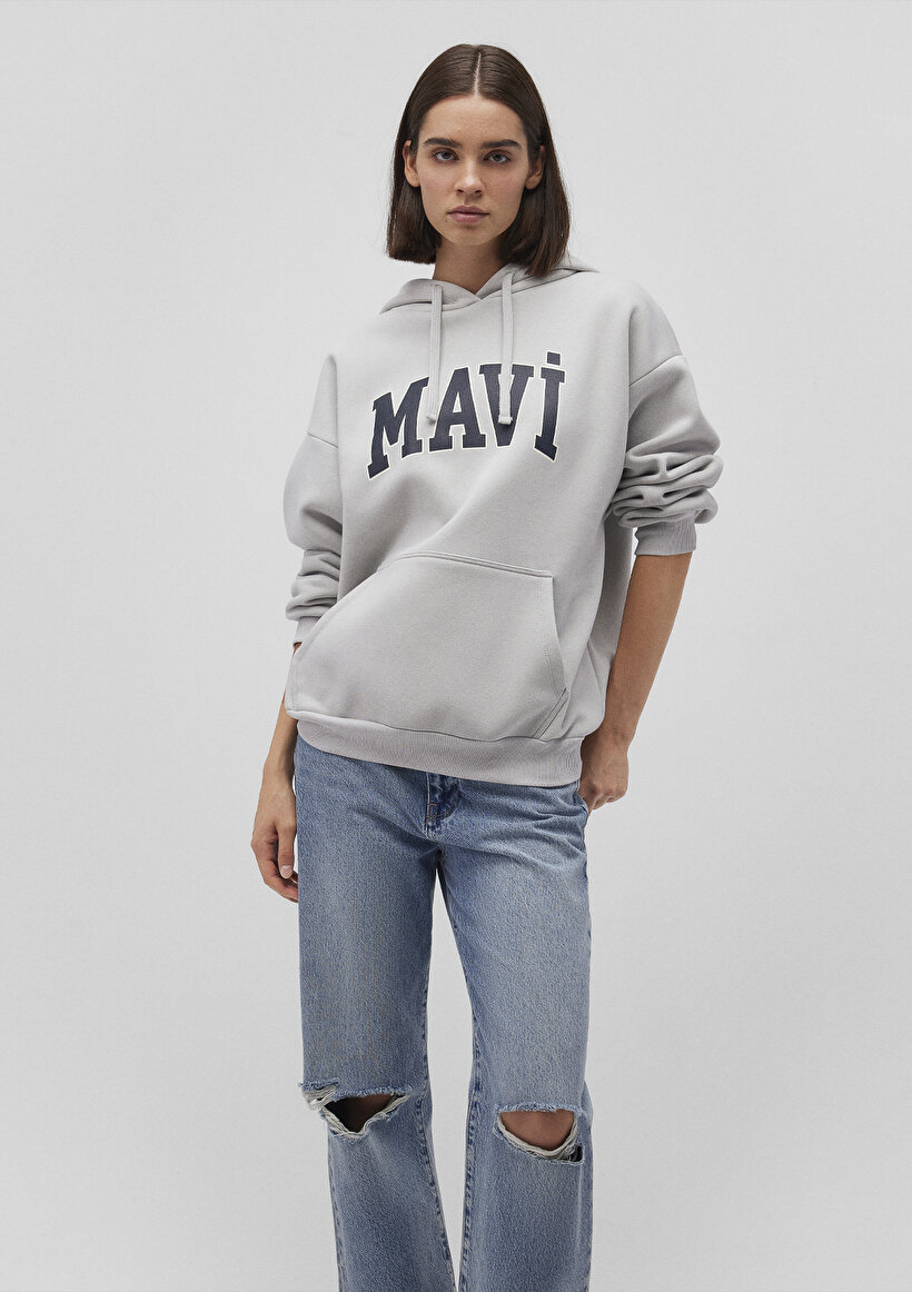 Mavi Logo Baskılı Kapüşonlu Gri Sweatshirt_1