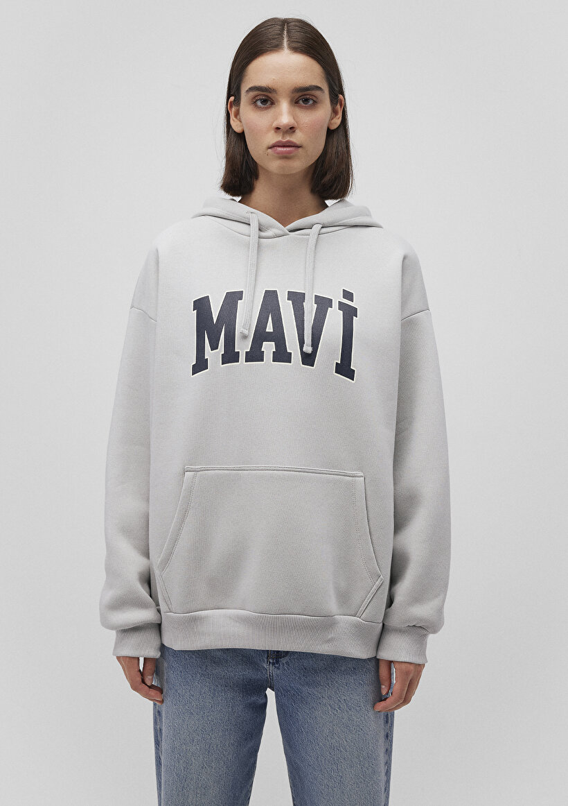 Mavi Logo Baskılı Kapüşonlu Gri Sweatshirt_2