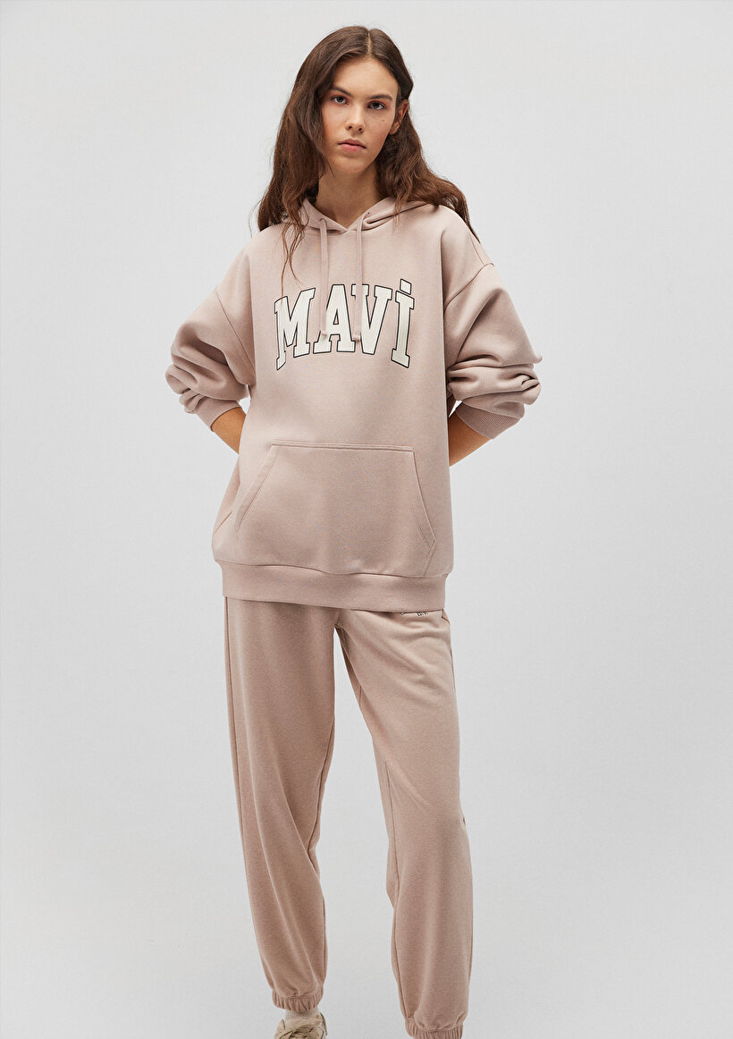 Mavi Logo Baskılı Kapüşonlu Bej Sweatshirt_0