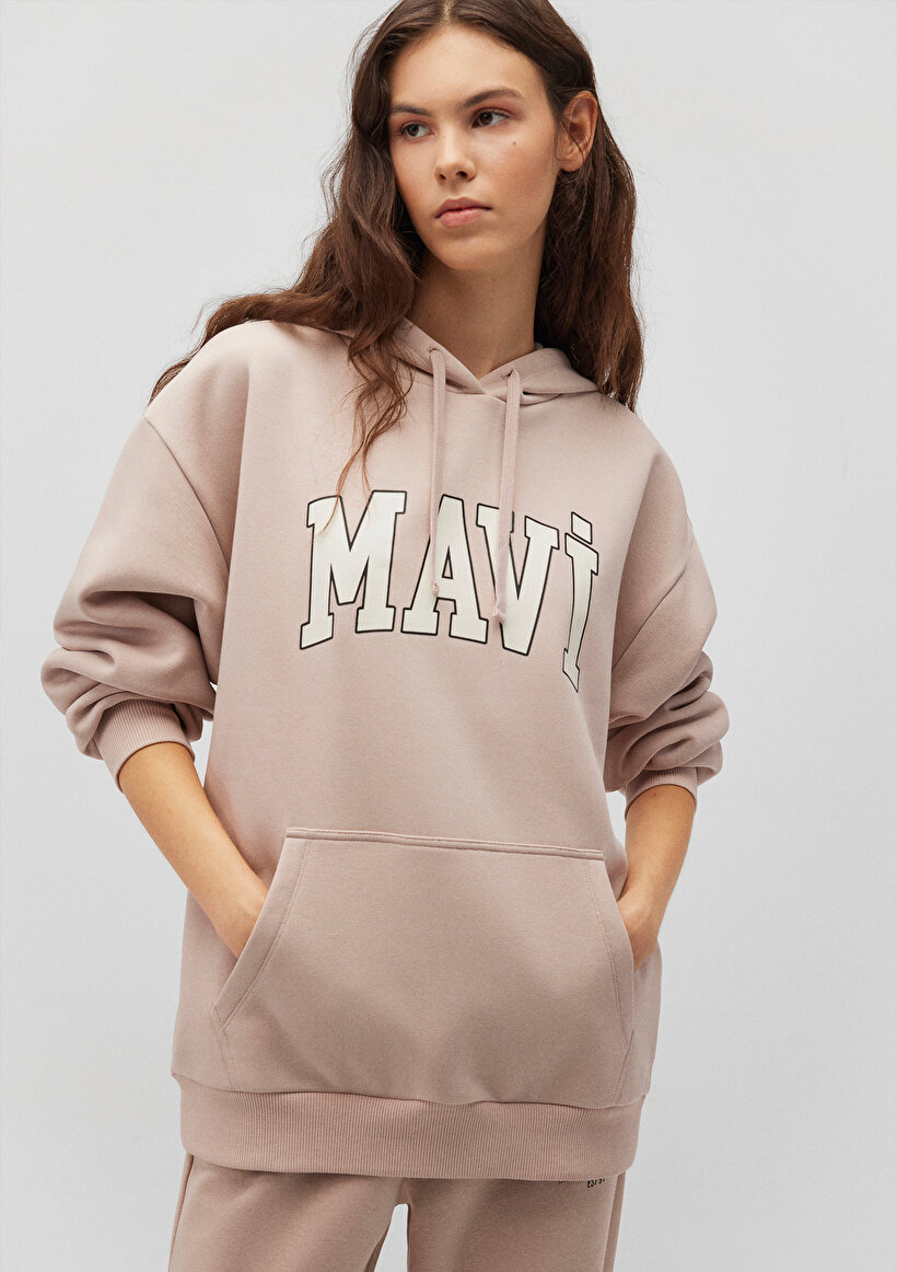 Mavi Logo Baskılı Kapüşonlu Bej Sweatshirt_1