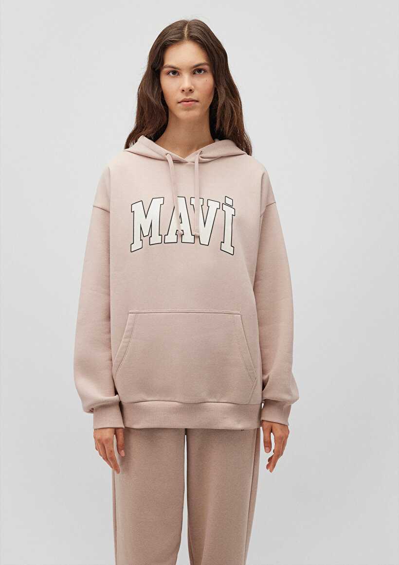 Mavi Logo Baskılı Kapüşonlu Bej Sweatshirt_2