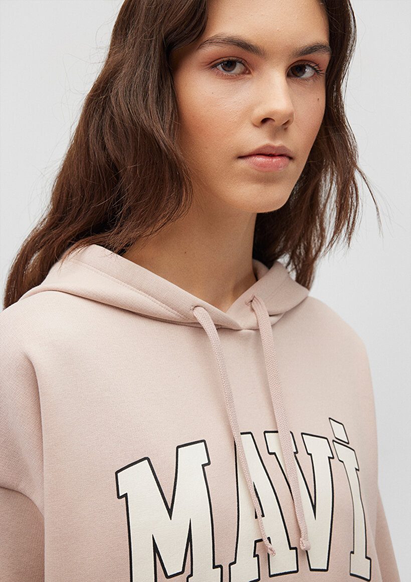 Mavi Logo Baskılı Kapüşonlu Bej Sweatshirt_4