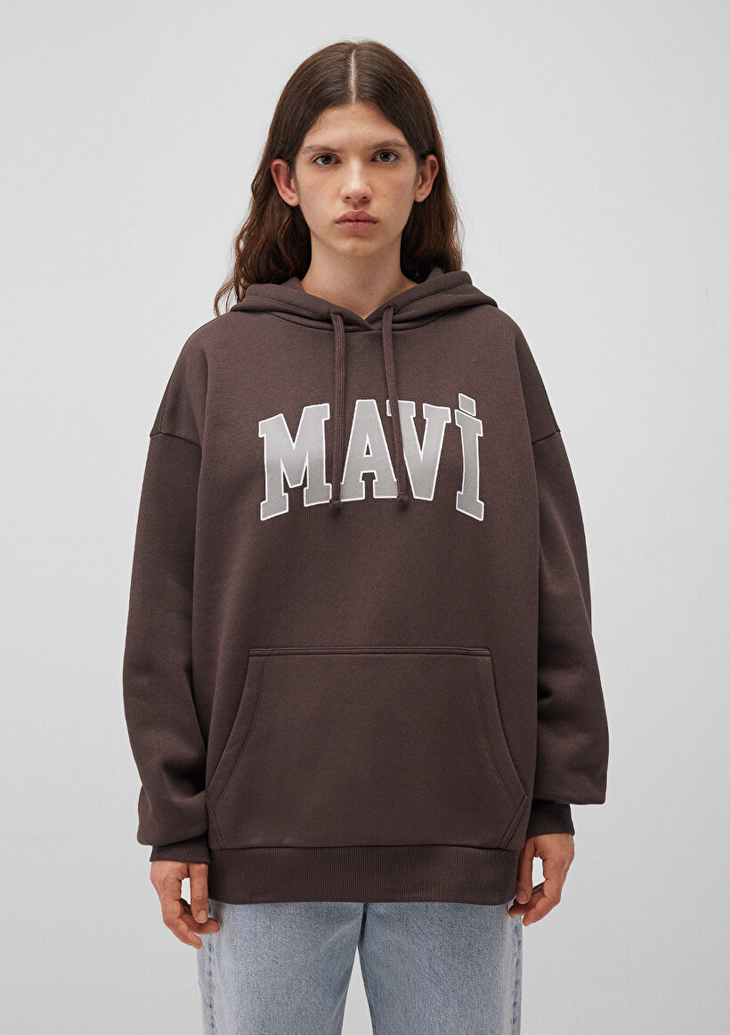 Mavi Logo Baskılı Kapüşonlu Kahverengi Sweatshirt_2