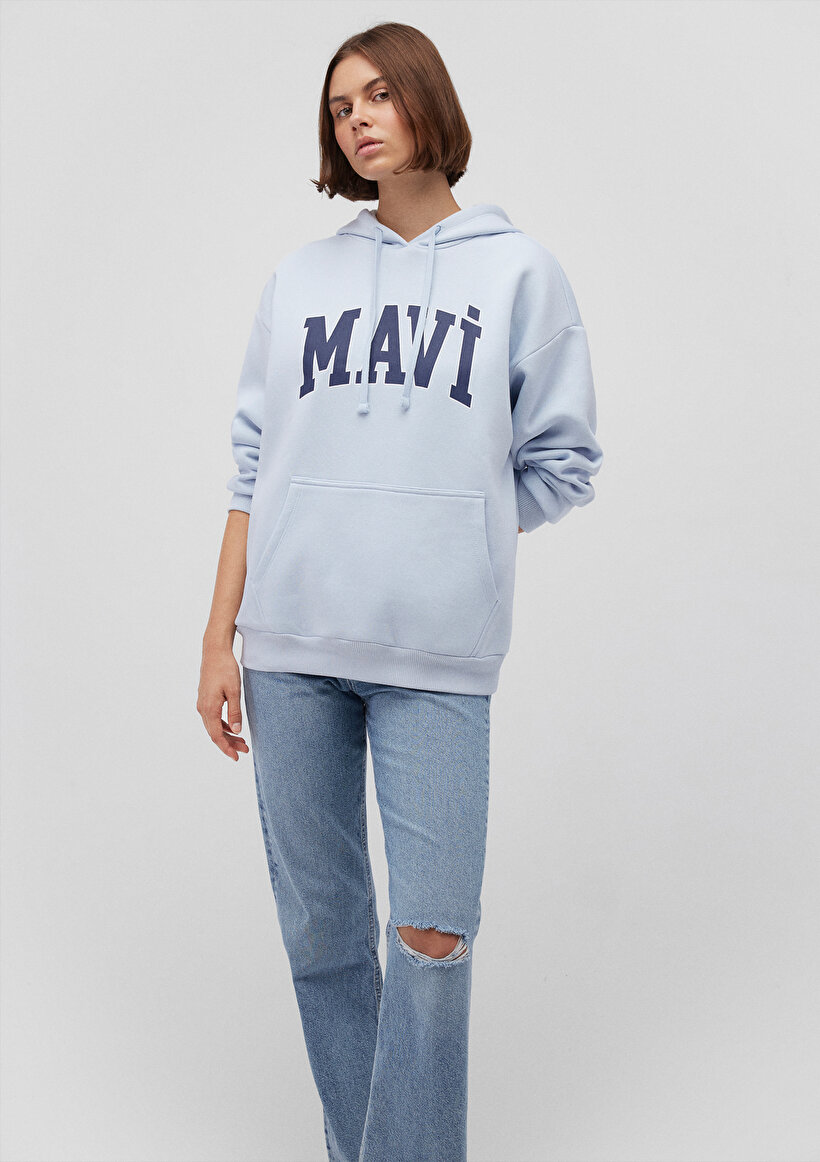 Mavi Logo Baskılı Kapüşonlu Mavi Sweatshirt_0