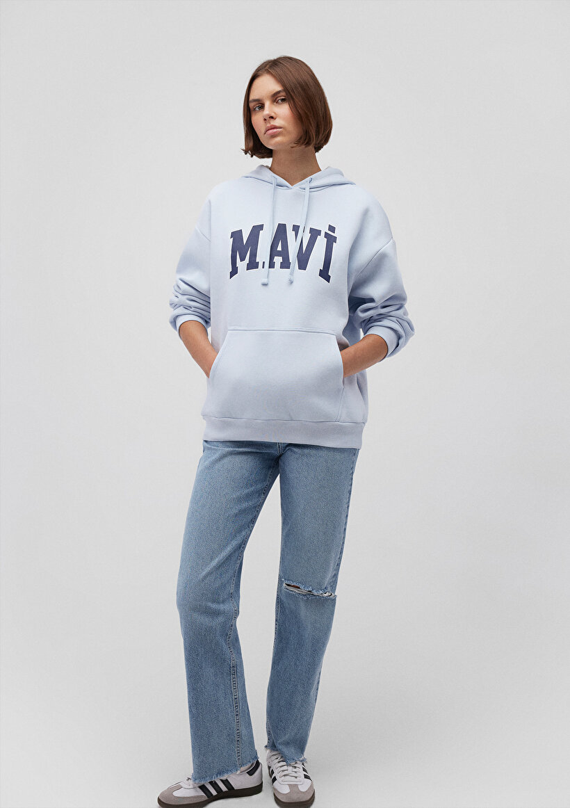 Mavi Logo Baskılı Kapüşonlu Mavi Sweatshirt_1