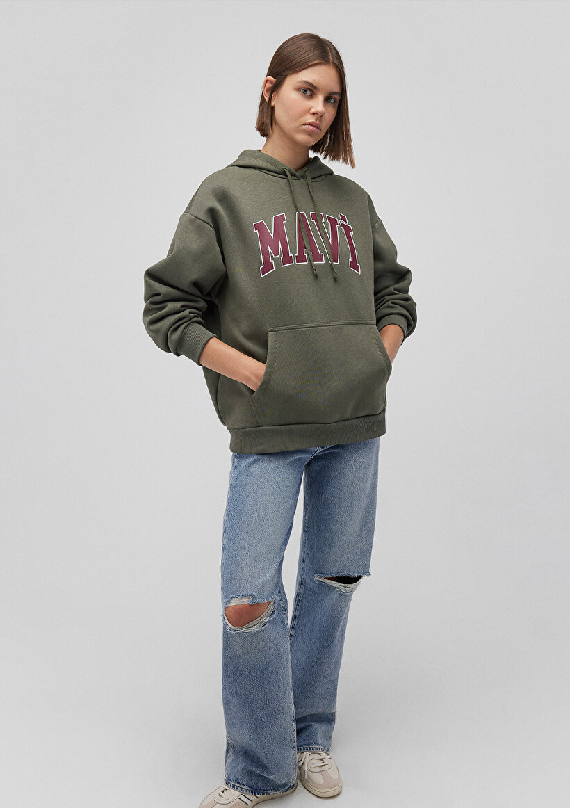 Mavi Logo Baskılı Kapüşonlu Haki Sweatshirt