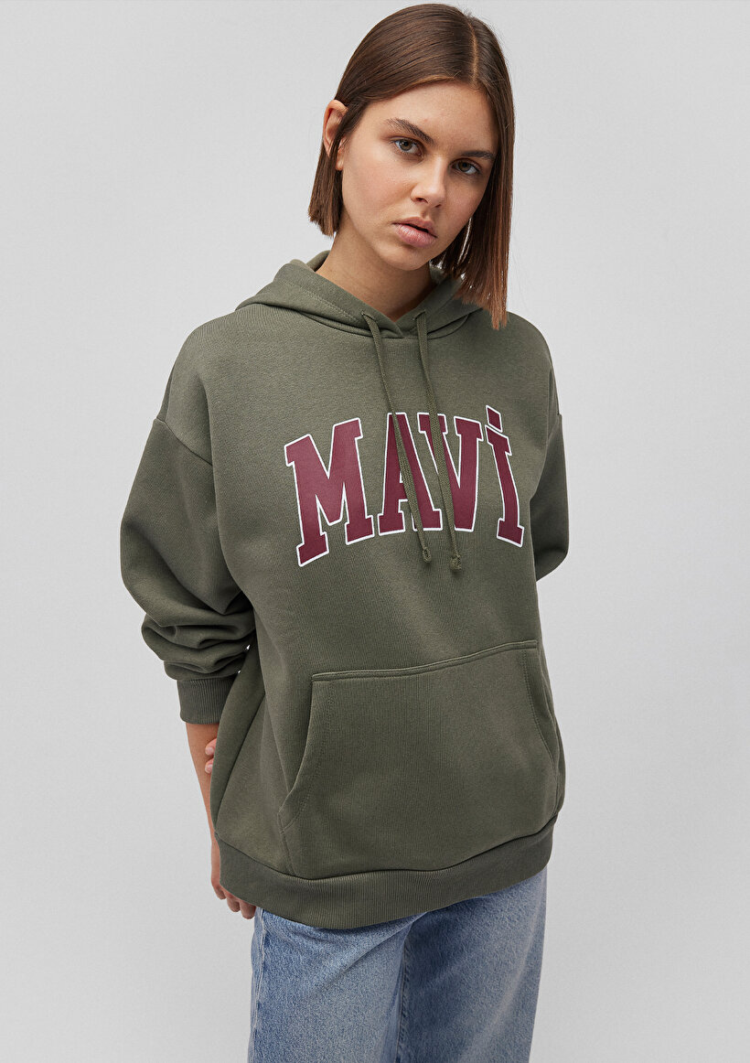 Mavi Logo Baskılı Kapüşonlu Haki Sweatshirt_1