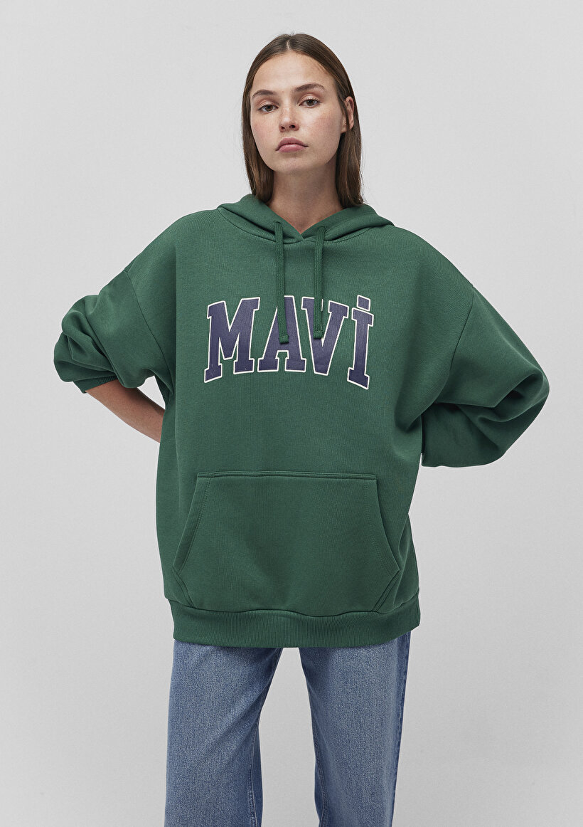 Mavi Logo Baskılı Kapüşonlu Yeşil Sweatshirt - 0