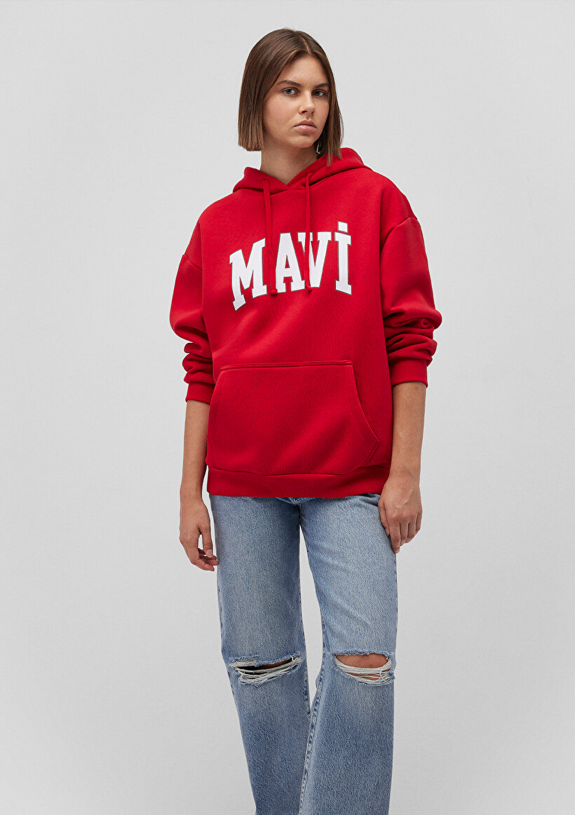 Mavi Logo Baskılı Kapüşonlu Kırmızı Sweatshirt - 0