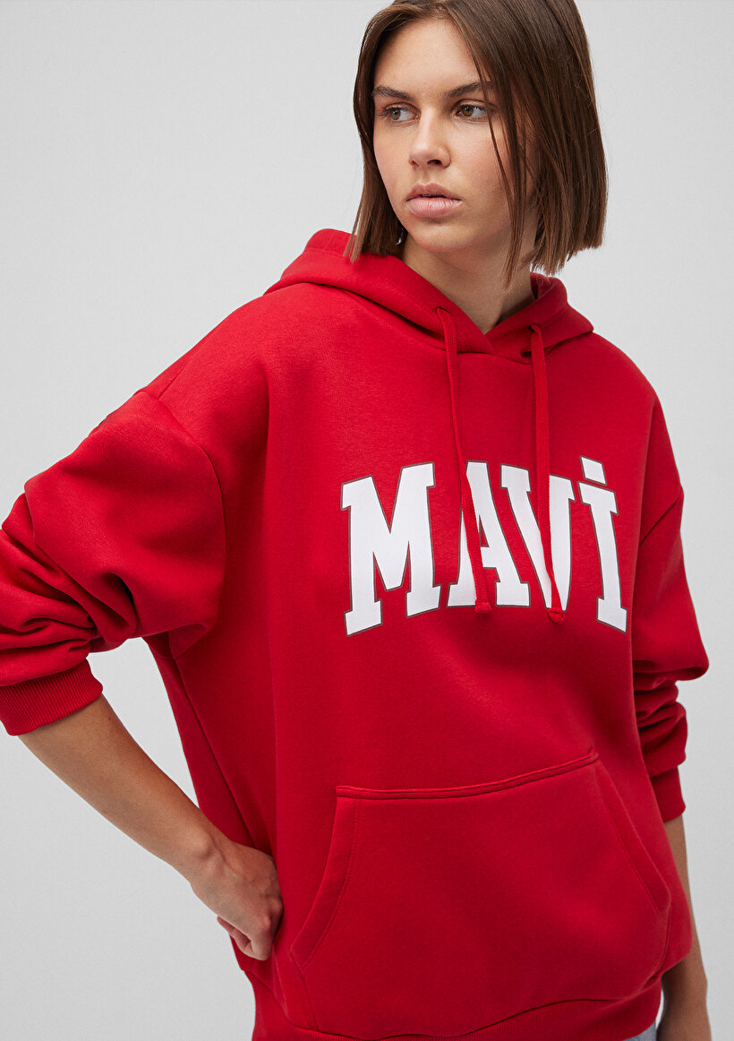 Mavi Logo Baskılı Kapüşonlu Kırmızı Sweatshirt_1