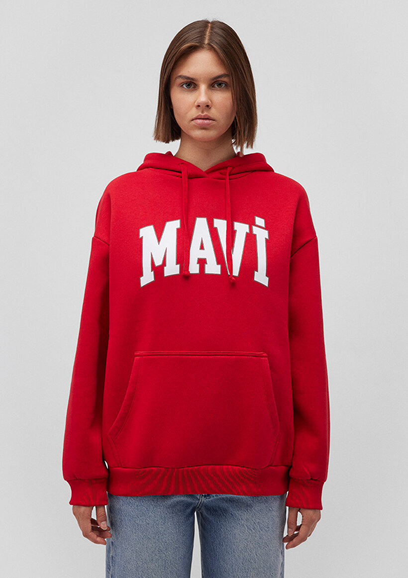 Mavi Logo Baskılı Kapüşonlu Kırmızı Sweatshirt_2