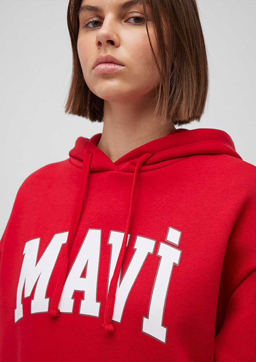 Mavi Logo Baskılı Kapüşonlu Kırmızı Sweatshirt_4