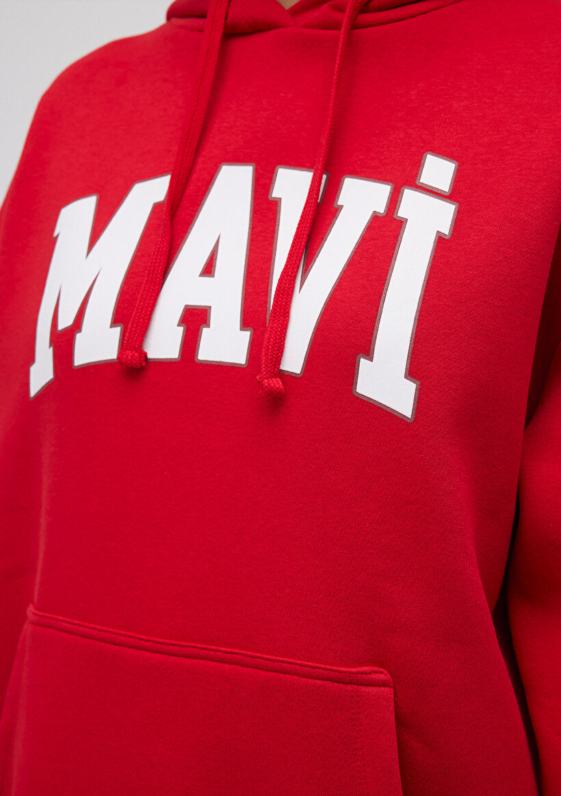 Mavi Logo Baskılı Kapüşonlu Kırmızı Sweatshirt_5