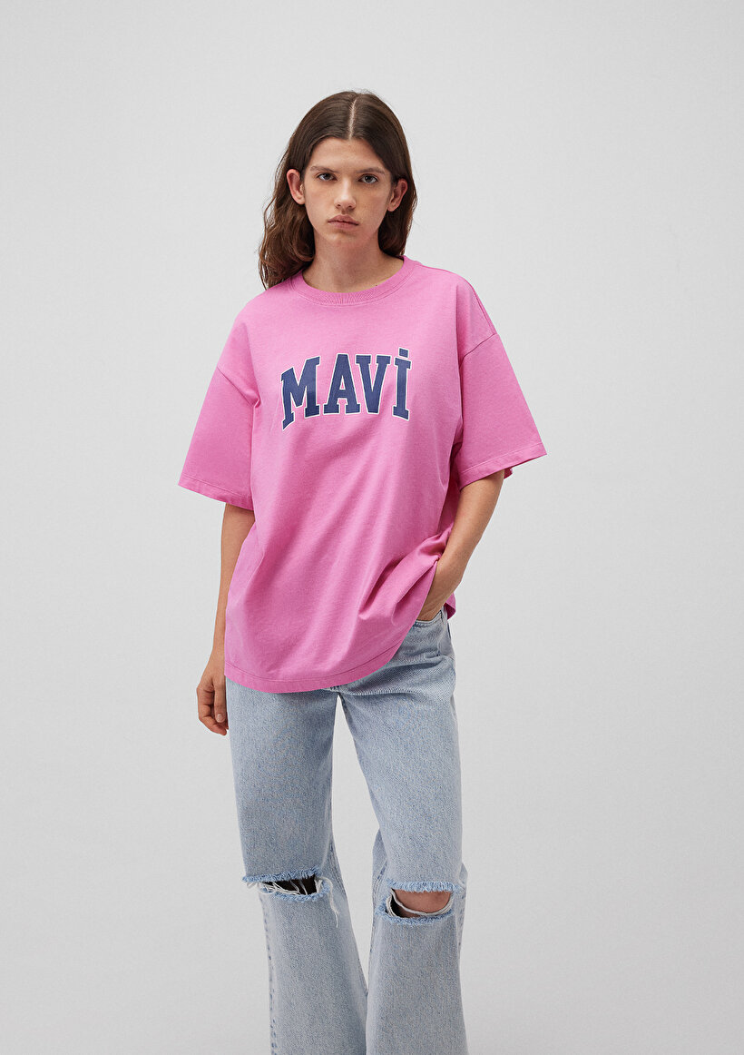 Mavi Logo Baskılı Pembe Tişört - 0