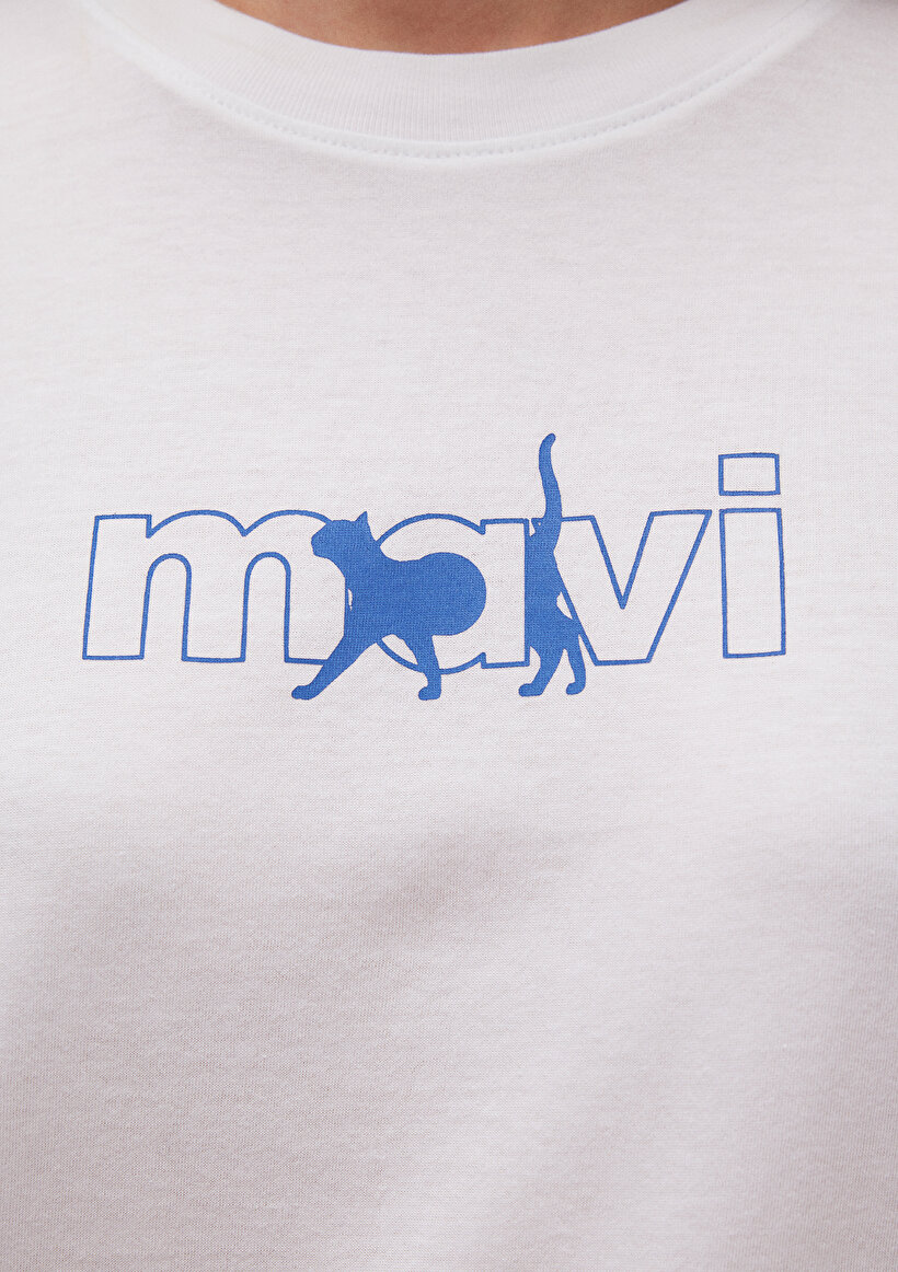 Mavi Kedi Logo Baskılı Beyaz Tişört_6