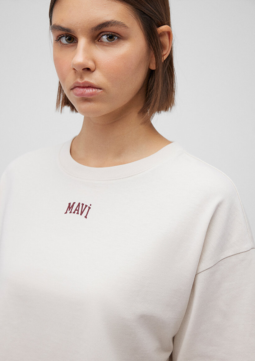 Mavi Logo Baskılı Bej Crop Tişört_4