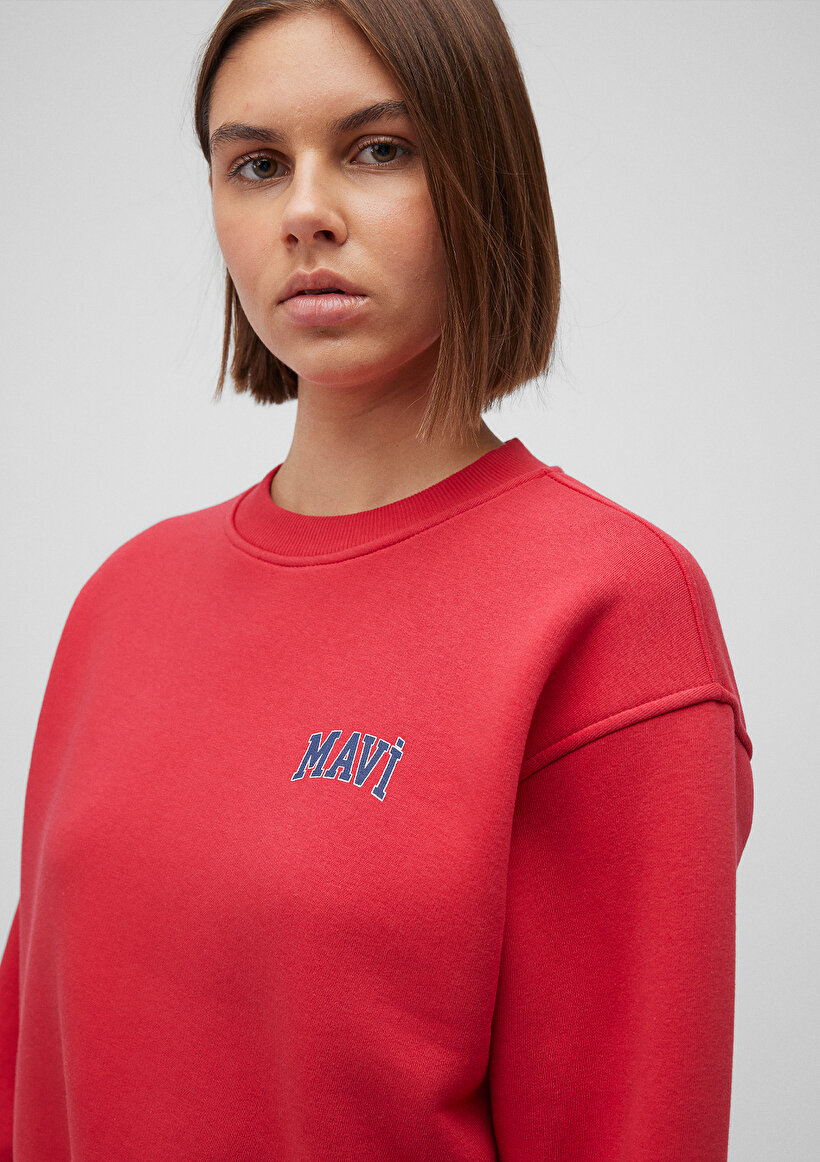 Mavi Logo Baskılı Kırmızı Crop Sweatshirt_5