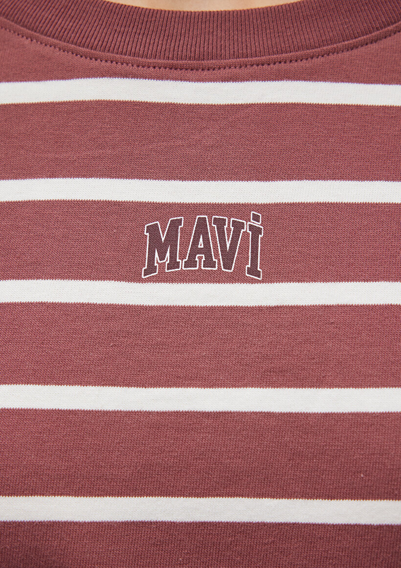 Mavi Logo Baskılı Bordo Çizgili Crop Tişört_5