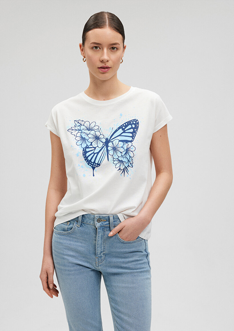Kelebek Baskılı Beyaz Tişört - 0