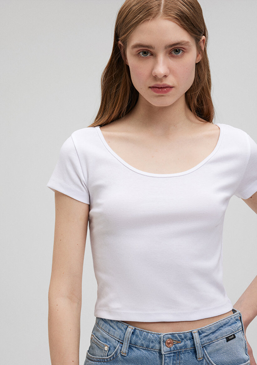 Beyaz Basic Crop Tişört - 0