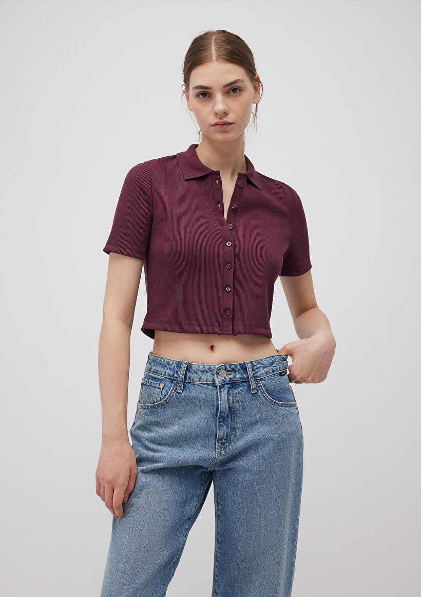 Bordo Crop Polo Tişört_1