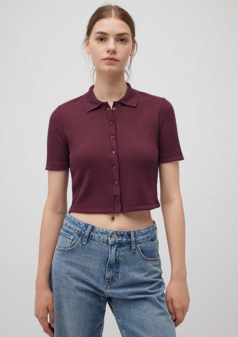 Bordo Crop Polo Tişört_2