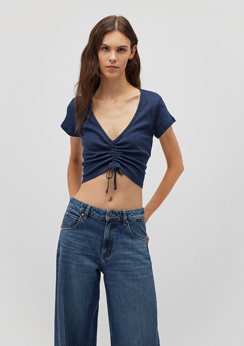 Büzgülü Lacivert Crop Top_1