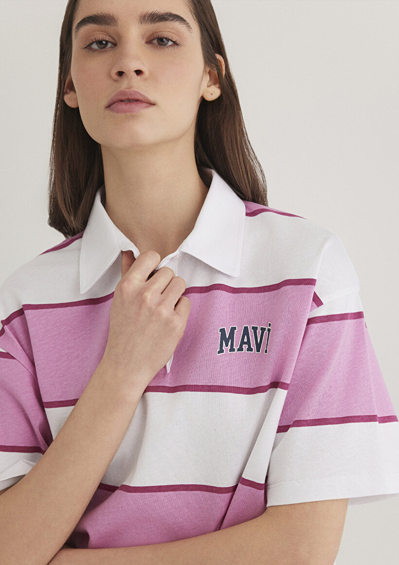 Mavi Logo Baskılı Pembe Çizgili Polo Tişört - 0