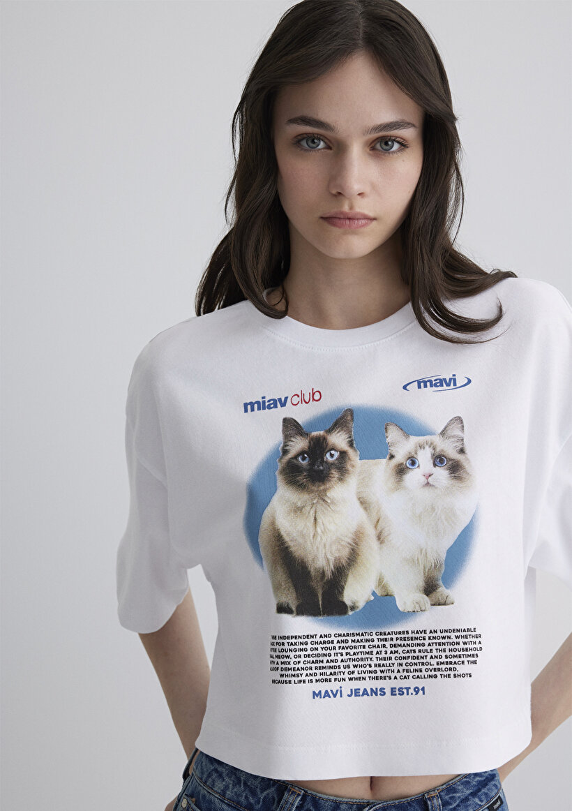 Kedi Baskılı Beyaz Tişört - 0
