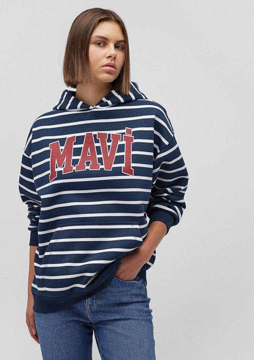 Mavi Logo Baskılı Lacivert Çizgili Sweatshirt_1