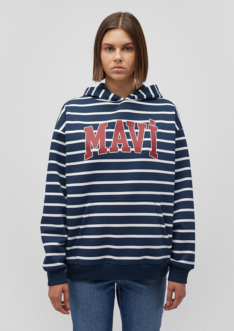 Mavi Logo Baskılı Lacivert Çizgili Sweatshirt_2