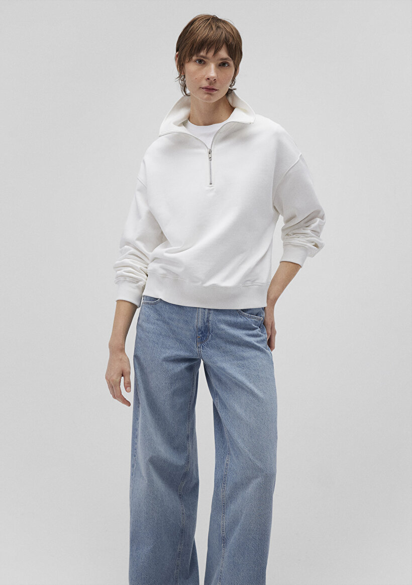 Yarı Fermuarlı Beyaz Basic Sweatshirt - 0