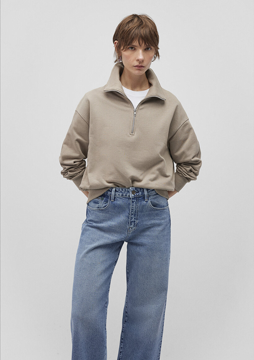 Yarı Fermuarlı Kahverengi Basic Sweatshirt_1