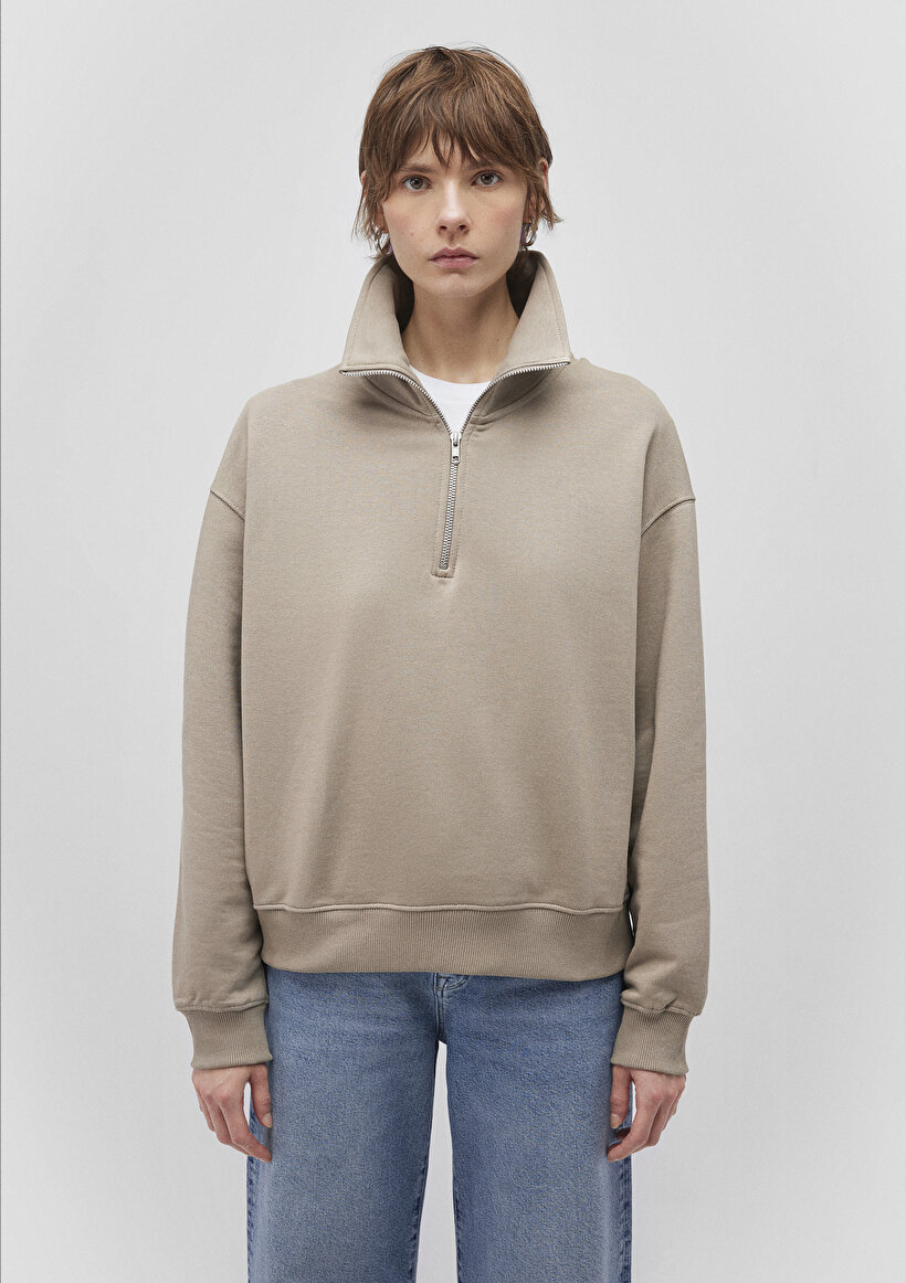 Yarı Fermuarlı Kahverengi Basic Sweatshirt_2