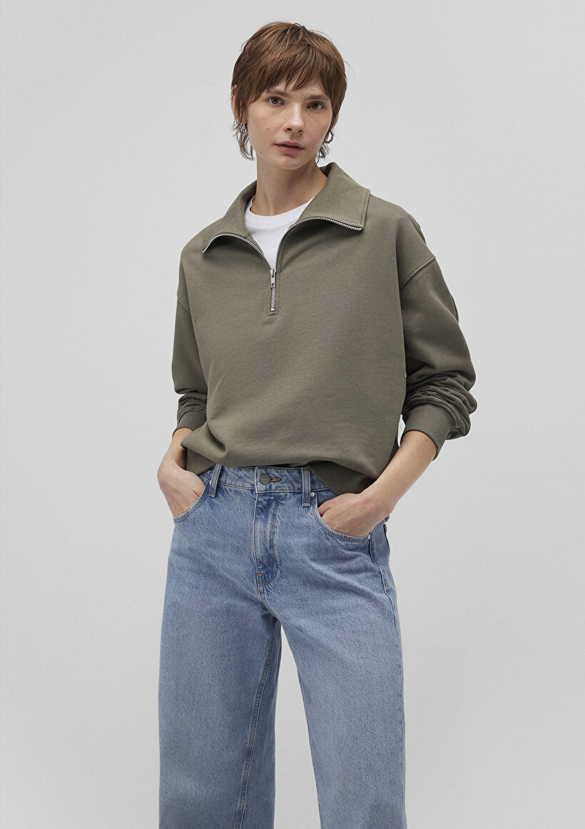 Yarı Fermuarlı Yeşil Basic Sweatshirt