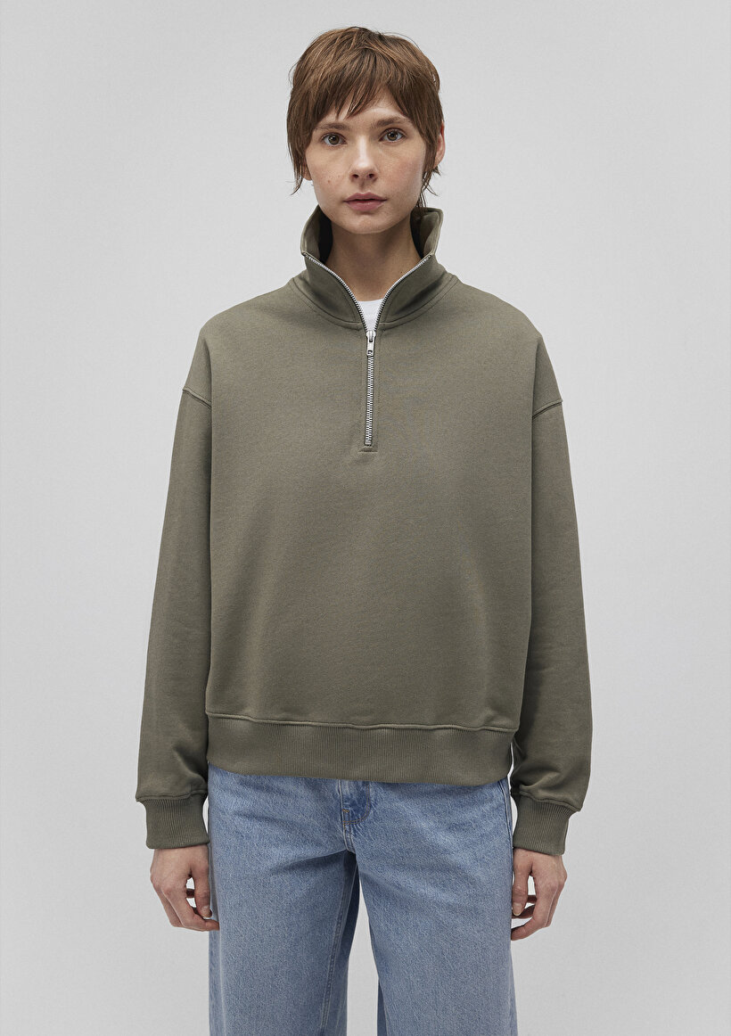 Yarı Fermuarlı Yeşil Basic Sweatshirt_2