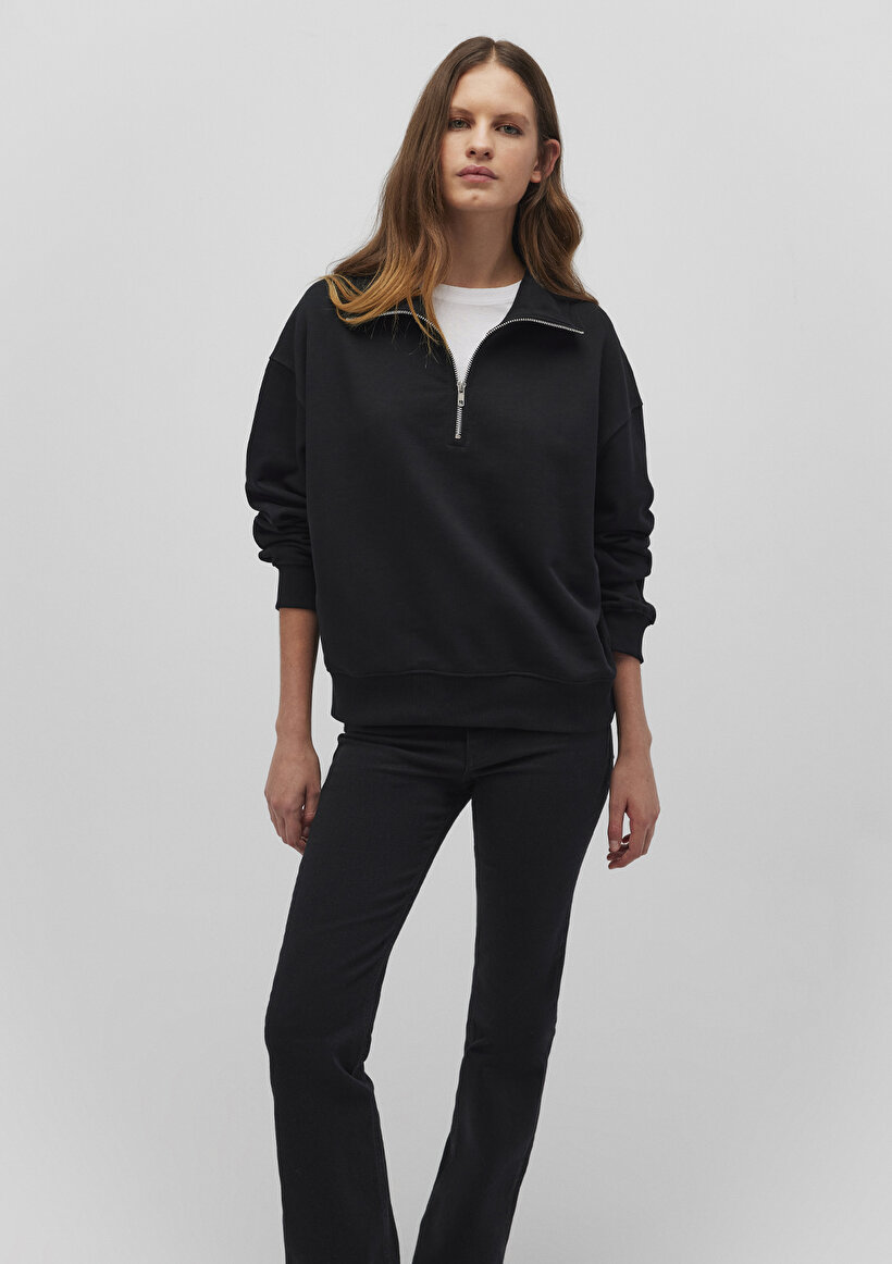 Yarı Fermuarlı Siyah Basic Sweatshirt