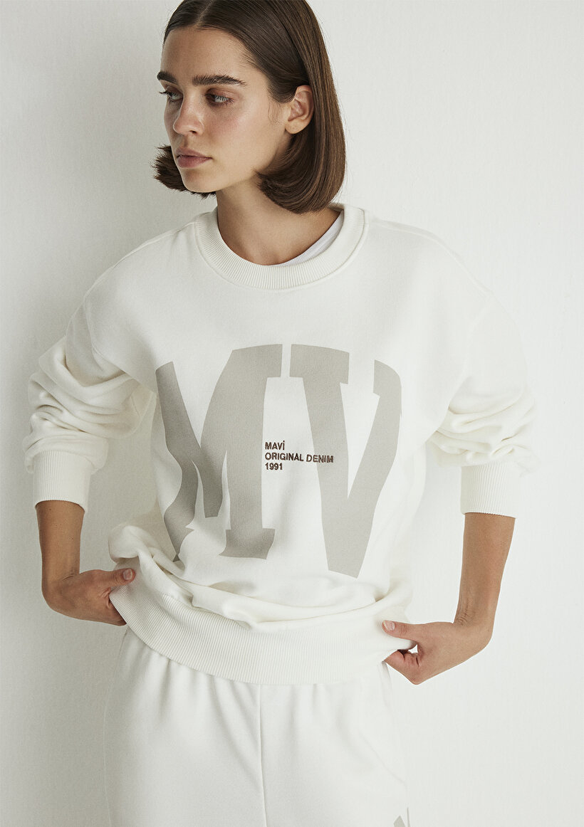 MV Logo Baskılı Beyaz Sweatshirt_0