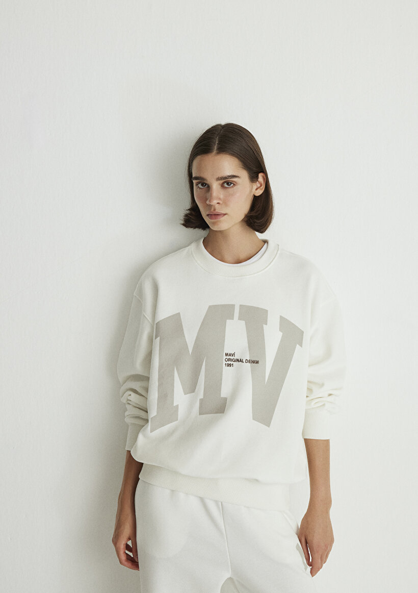 MV Logo Baskılı Beyaz Sweatshirt_1