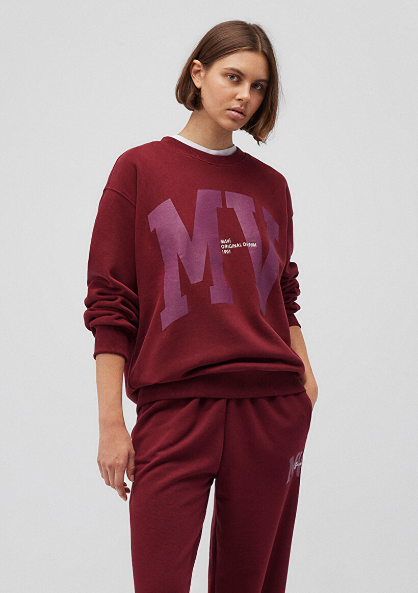 MV Logo Baskılı Bordo Sweatshirt