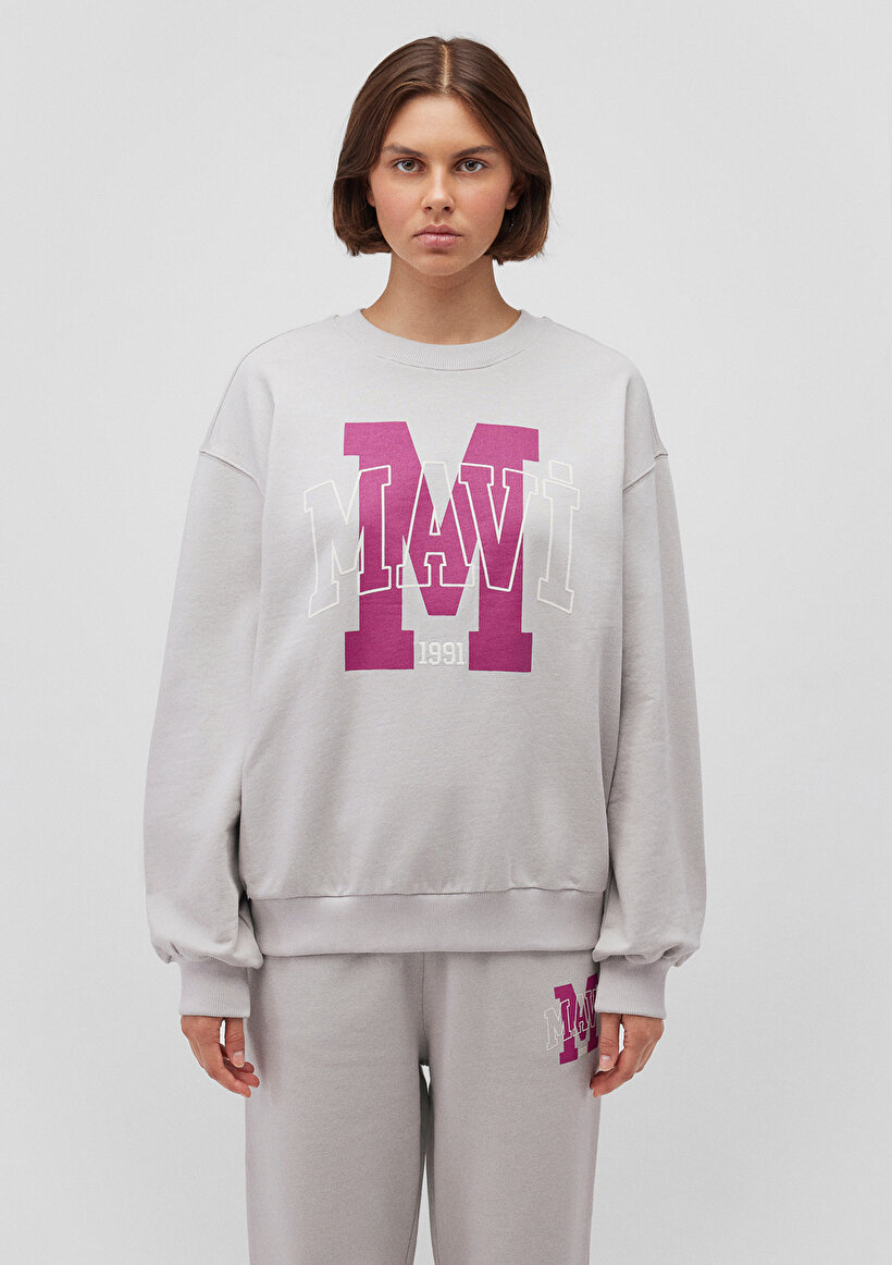 Mavi Logo Baskılı Gri Sweatshirt_2