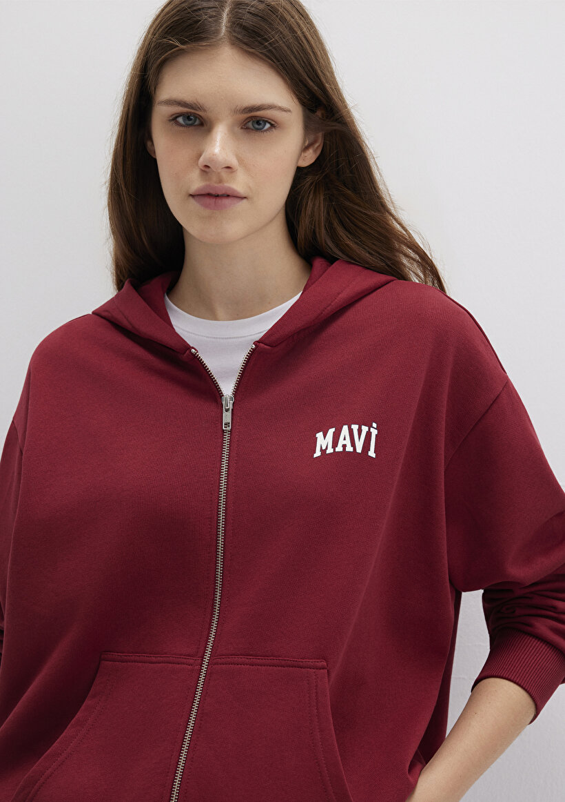 Mavi Logo Baskılı Kapüşonlu Fermuarlı Bordo Sweatshirt - 0