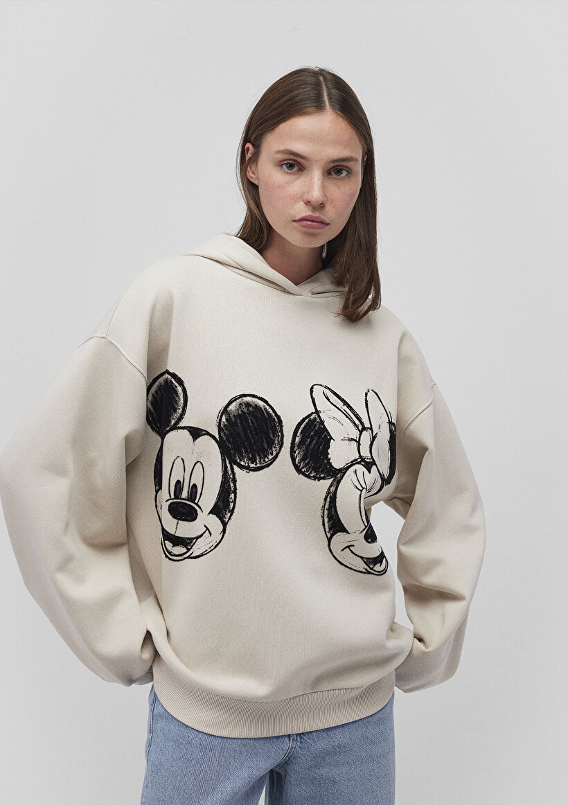 Mickey ve Minnie Mouse Baskılı Bej Sweatshirt - 0