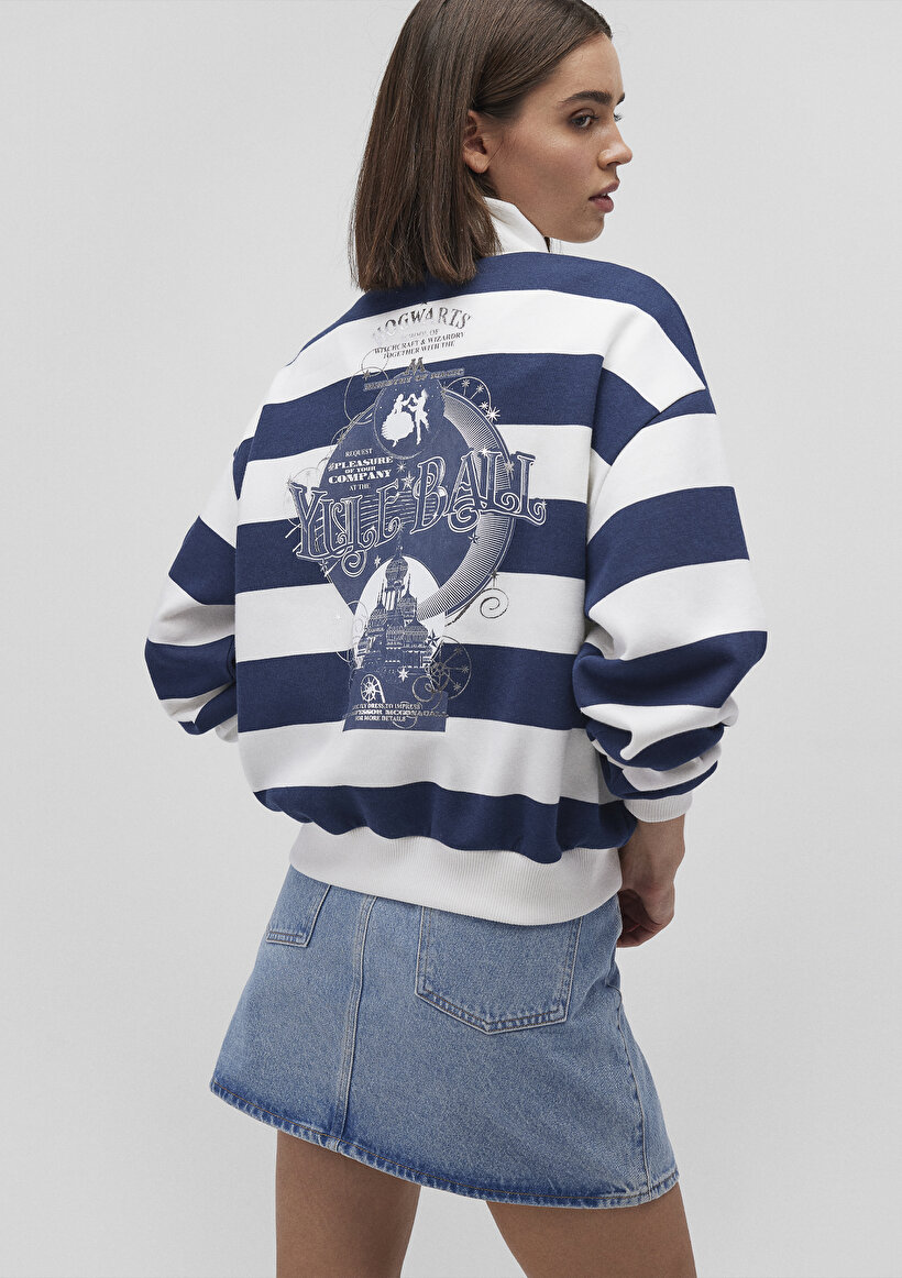 Hogwarts Baskılı Lacivert Çizgili Sweatshirt_0