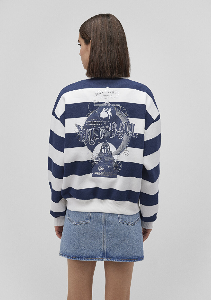 Hogwarts Baskılı Lacivert Çizgili Sweatshirt_3