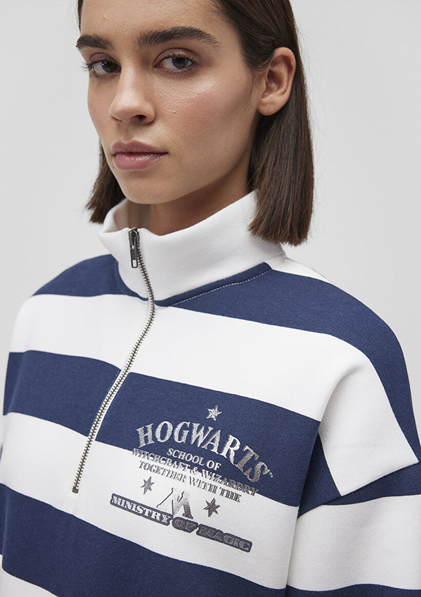 Hogwarts Baskılı Lacivert Çizgili Sweatshirt_4