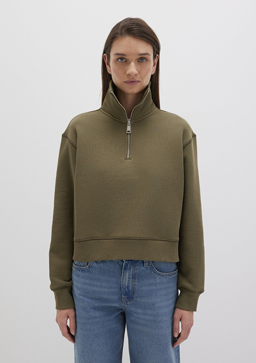 Outlet Kadın Yarı Fermuarlı Haki Sweatshirt